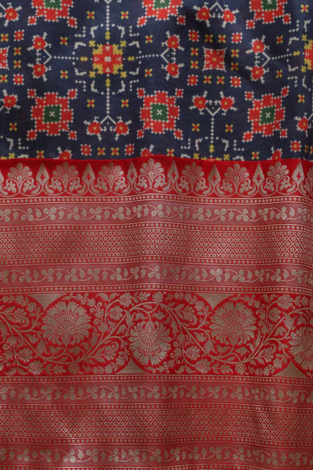 Blue Digital Printed Patola Design Tussar Silk Fabric With Banarasi Border ( 1 Mtr ) - Luxurion World