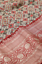 Off White Digital Printed Patola Design Tussar Silk Fabric With Banarasi Border ( 1 Mtr ) - Luxurion World