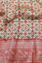 Off White Digital Printed Patola Design Tussar Silk Fabric With Banarasi Border ( 1 Mtr ) - Luxurion World