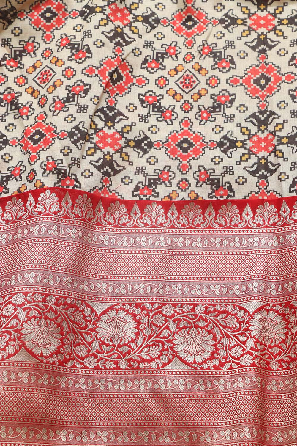 Off White Digital Printed Patola Design Tussar Silk Fabric With Banarasi Border ( 1 Mtr ) - Luxurion World