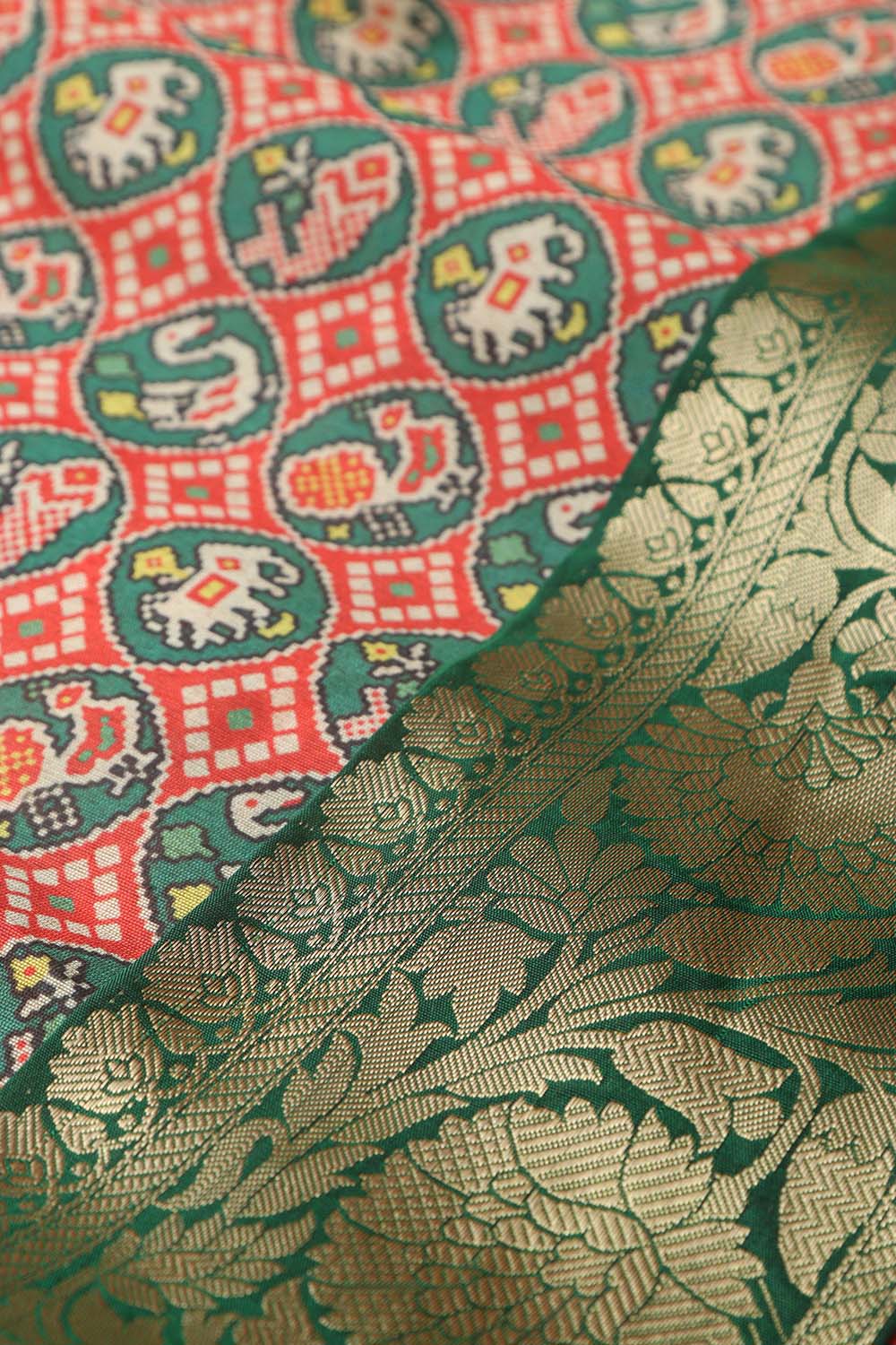 Red Digital Printed Patola Design Tussar Silk Fabric With Banarasi Border ( 1 Mtr ) - Luxurion World