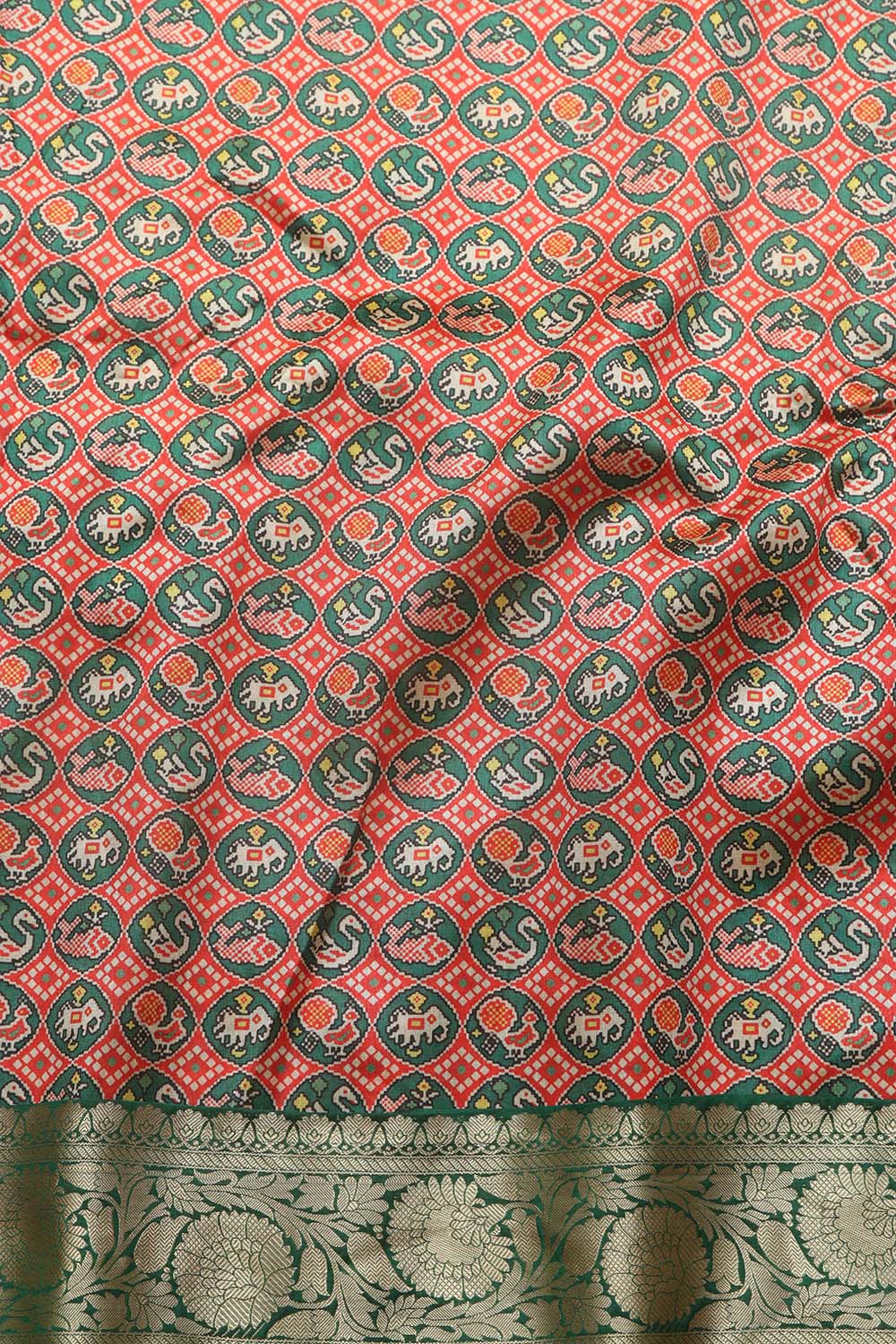 Red Digital Printed Patola Design Tussar Silk Fabric With Banarasi Border ( 1 Mtr ) - Luxurion World