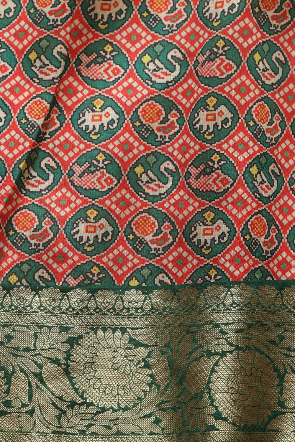 Red Digital Printed Patola Design Tussar Silk Fabric With Banarasi Border ( 1 Mtr ) - Luxurion World