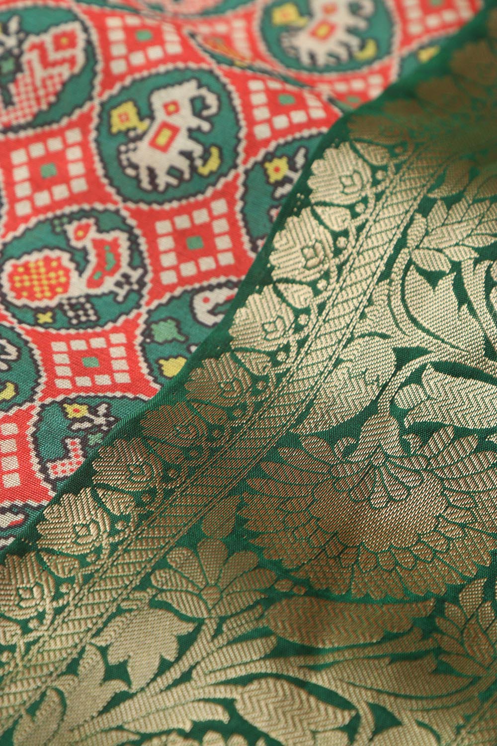 Red Digital Printed Patola Design Tussar Silk Fabric With Banarasi Border ( 1 Mtr ) - Luxurion World