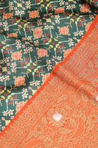 Green Digital Printed Patola Design Tussar Silk Fabric With Banarasi Border ( 1 Mtr ) - Luxurion World