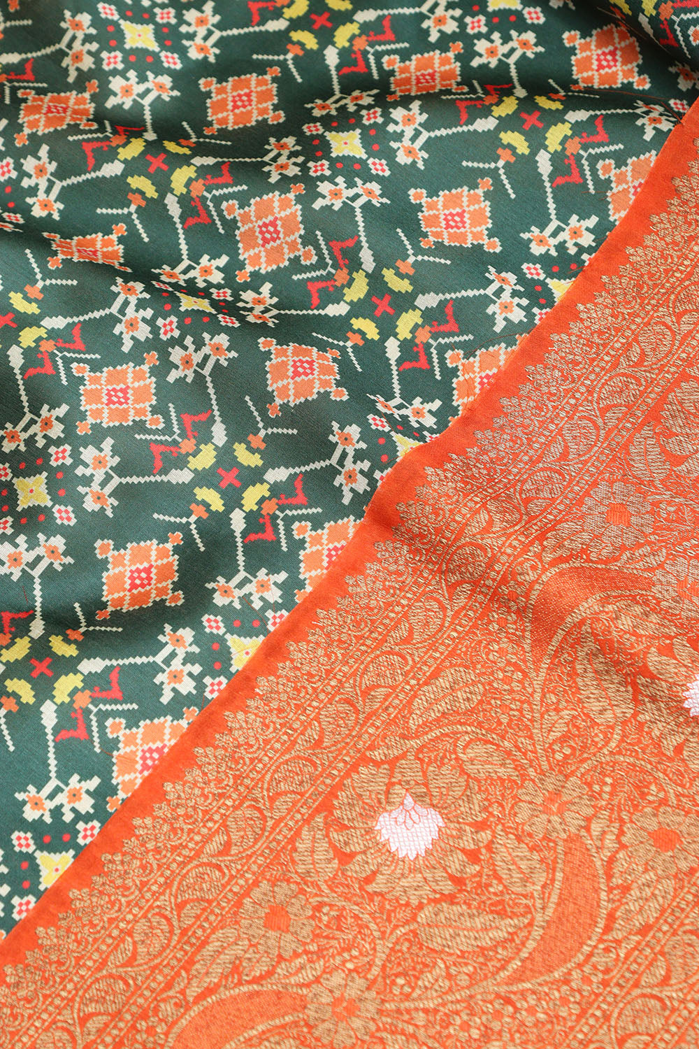 Green Digital Printed Patola Design Tussar Silk Fabric With Banarasi Border ( 1 Mtr ) - Luxurion World