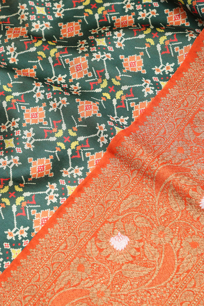 Green Digital Printed Patola Design Tussar Silk Fabric With Banarasi Border ( 1 Mtr ) - Luxurion World