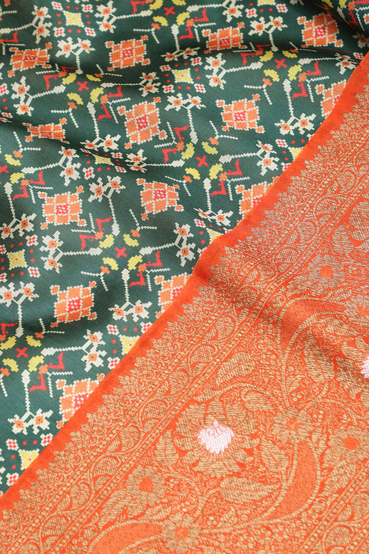 Green Digital Printed Patola Design Tussar Silk Fabric With Banarasi Border ( 1 Mtr ) - Luxurion World