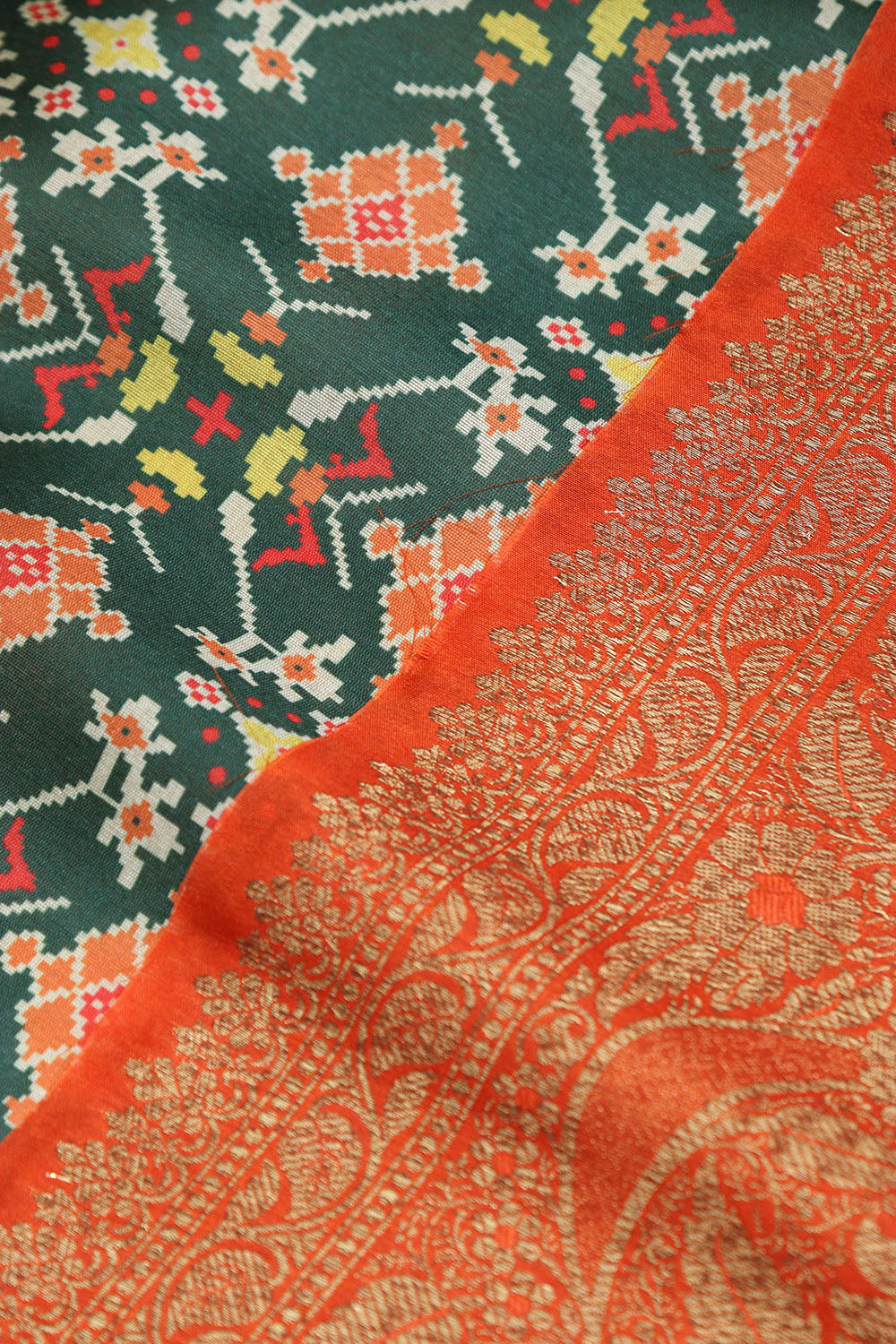 Green Digital Printed Patola Design Tussar Silk Fabric With Banarasi Border ( 1 Mtr ) - Luxurion World