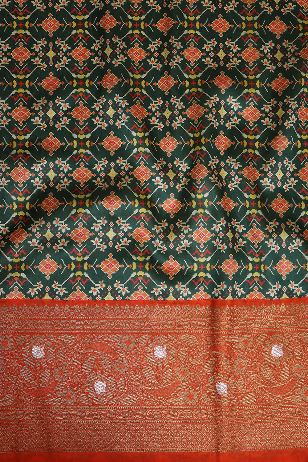 Green Digital Printed Patola Design Tussar Silk Fabric With Banarasi Border ( 1 Mtr ) - Luxurion World