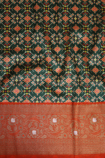 Green Digital Printed Patola Design Tussar Silk Fabric With Banarasi Border ( 1 Mtr ) - Luxurion World