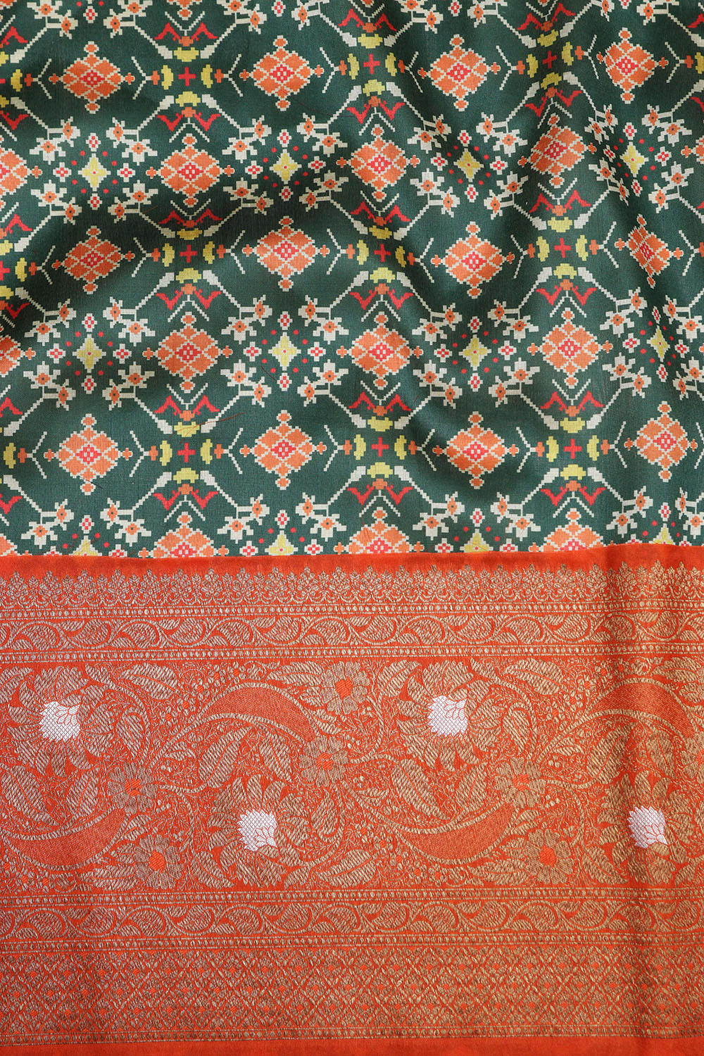 Green Digital Printed Patola Design Tussar Silk Fabric With Banarasi Border ( 1 Mtr ) - Luxurion World