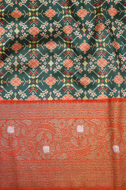 Green Digital Printed Patola Design Tussar Silk Fabric With Banarasi Border ( 1 Mtr ) - Luxurion World