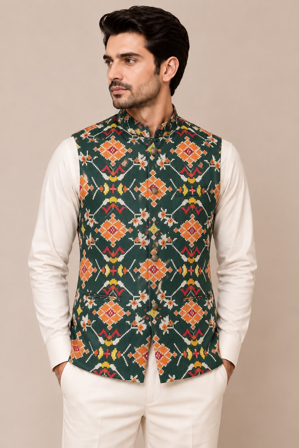 Green Digital Print Tussar Silk Nehru Jacket — Patola Design, Festive
