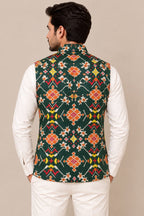 Green Digital Print Tussar Silk Nehru Jacket — Patola Design, Festive