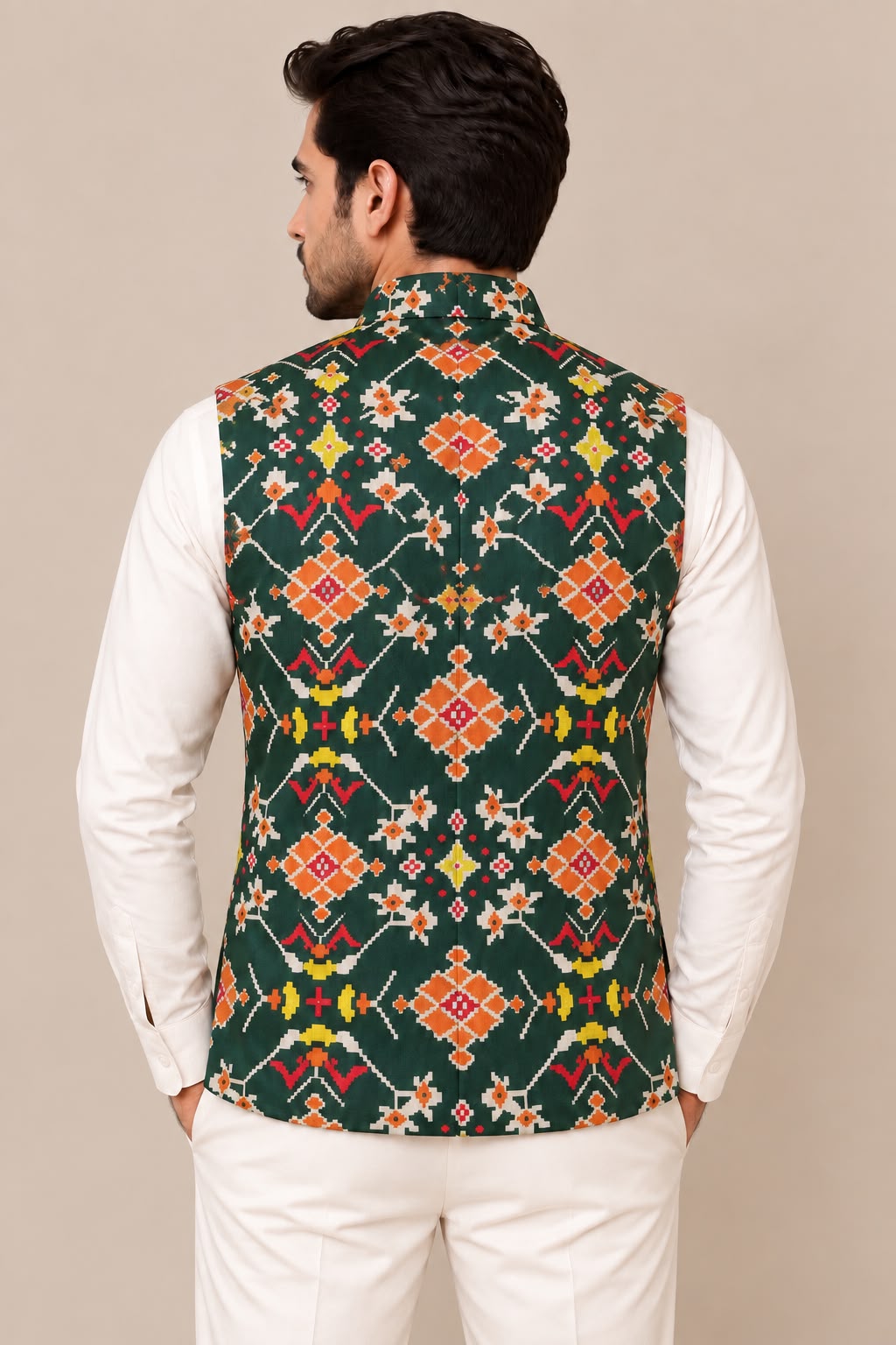 Green Digital Print Tussar Silk Nehru Jacket — Patola Design, Festive