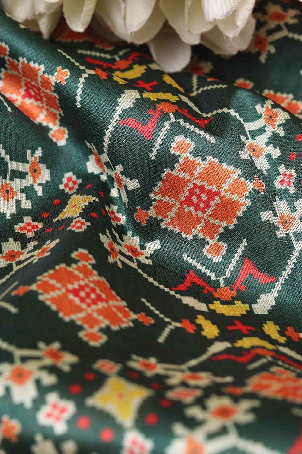 Stunning Green Patola Design Digital Printed Tussar Silk Fabric ( 1 Mtr ) - Luxurion World