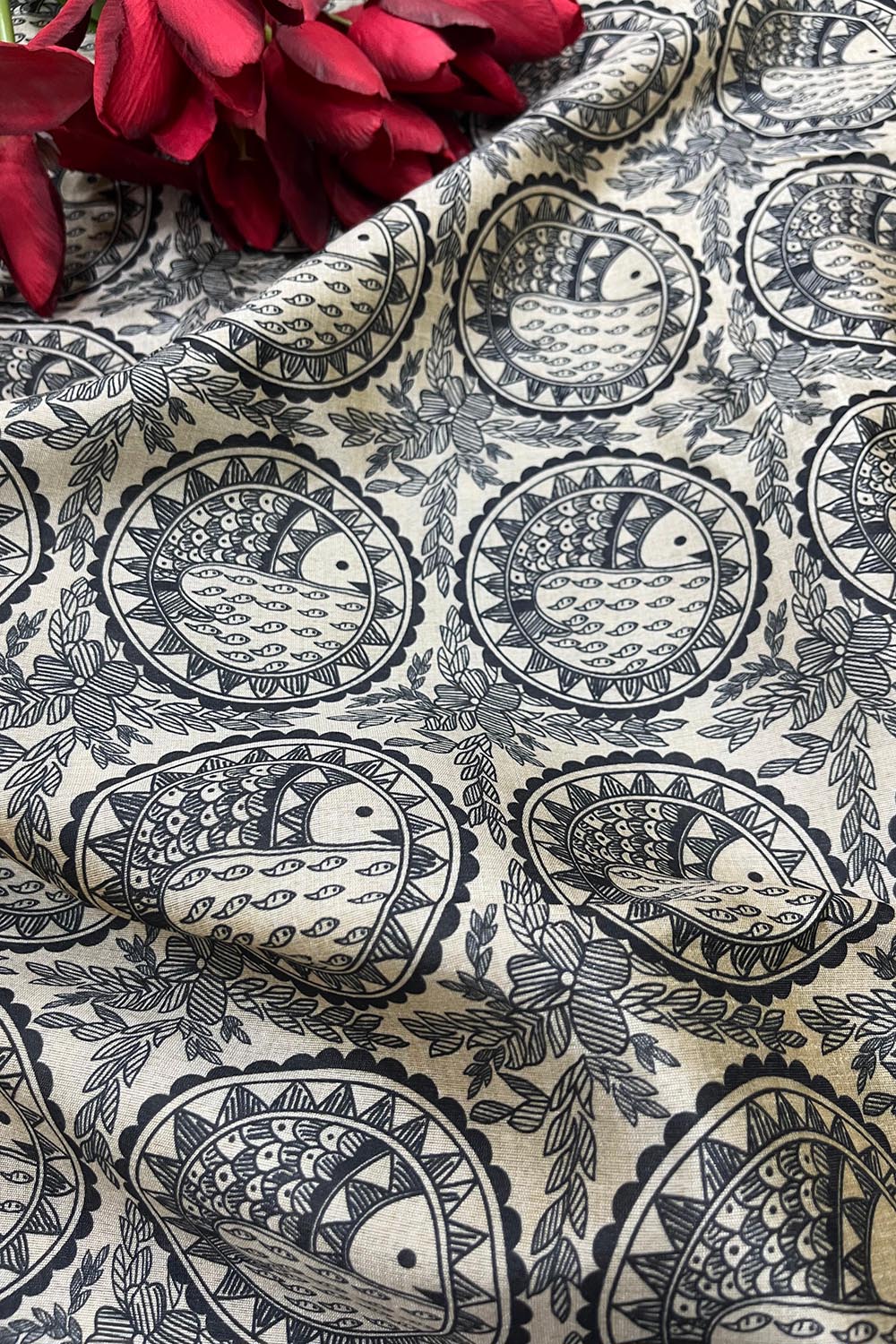 Pastel Madhubani Design Digital Printed Tussar Silk Fabric ( 1 Mtr ) - Luxurion World