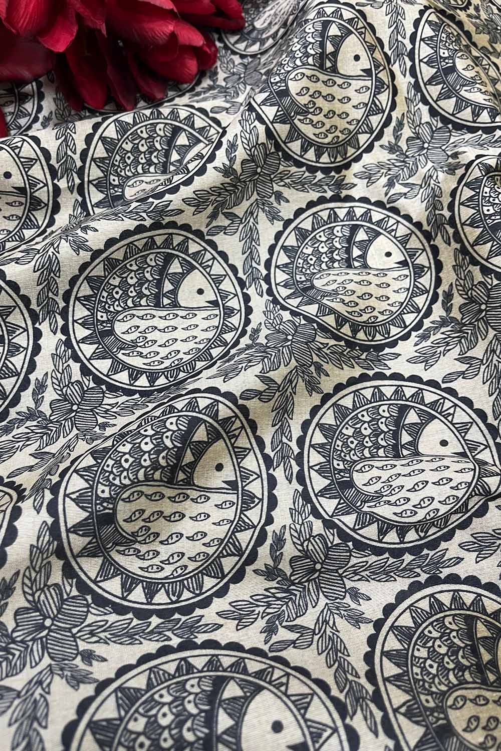 Pastel Madhubani Design Digital Printed Tussar Silk Fabric ( 1 Mtr ) - Luxurion World