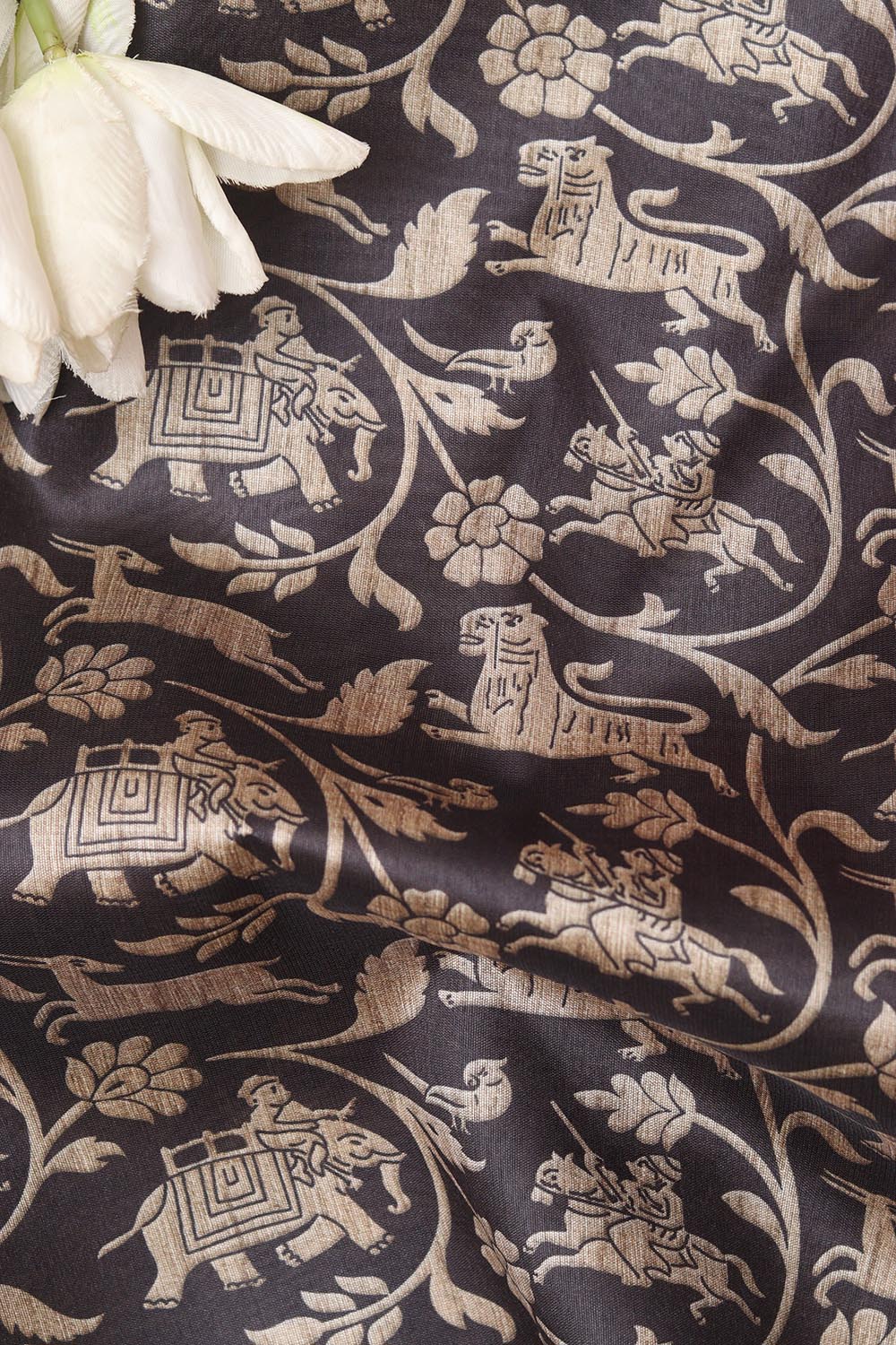 Black Shikargah Design Digital Printed Tussar Silk Fabric ( 1 Mtr ) - Luxurion World