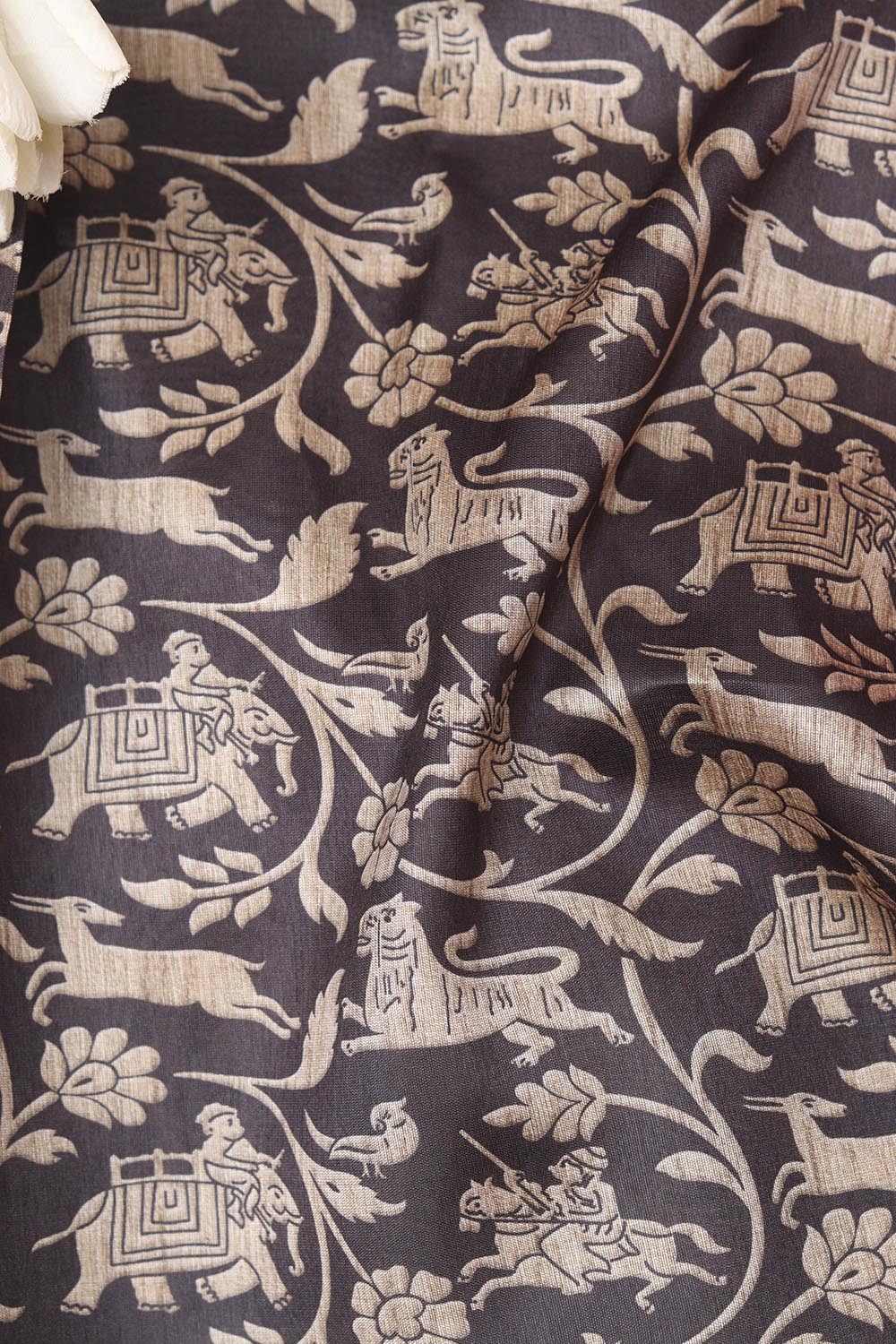 Black Shikargah Design Digital Printed Tussar Silk Fabric ( 1 Mtr ) - Luxurion World