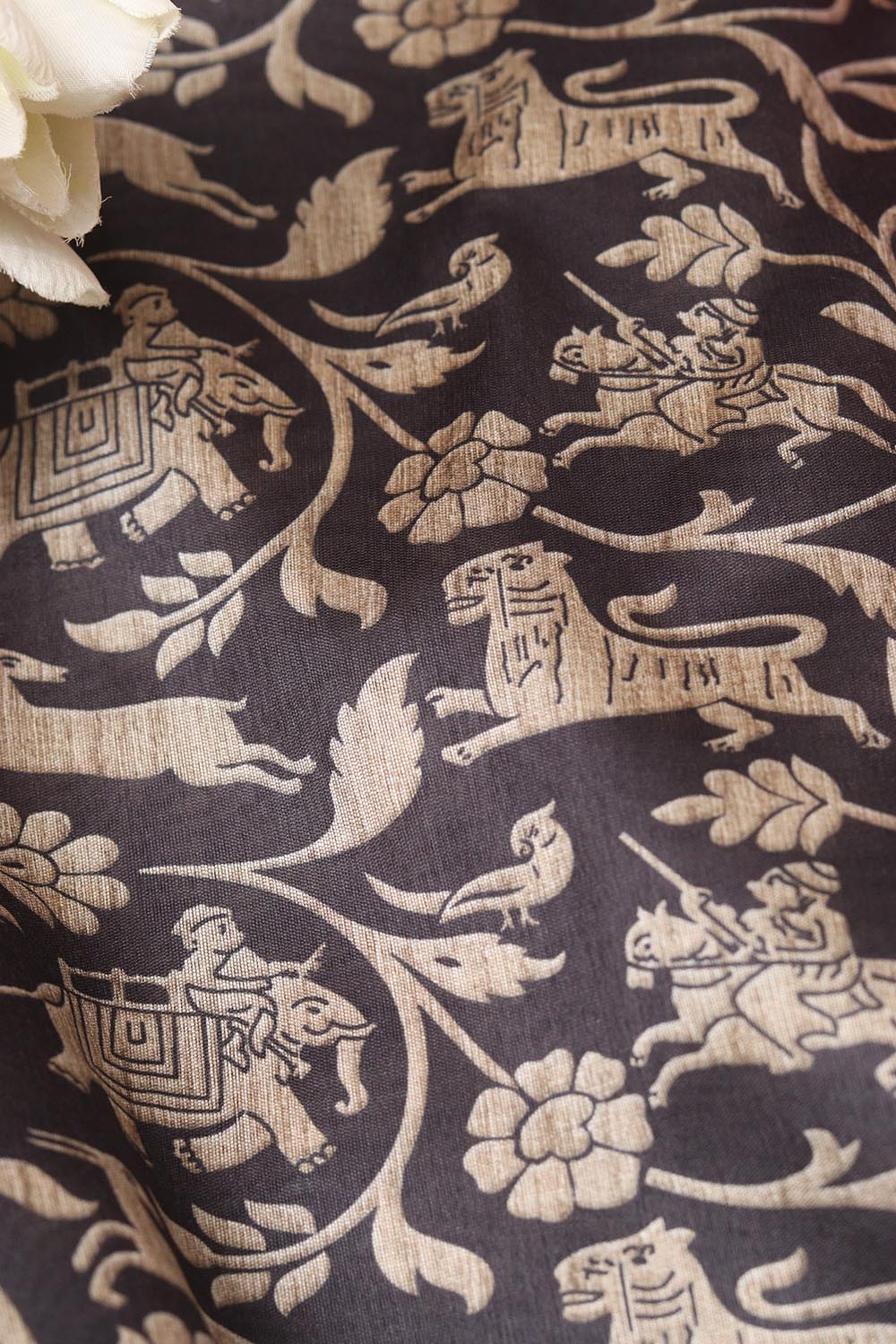Black Shikargah Design Digital Printed Tussar Silk Fabric ( 1 Mtr ) - Luxurion World