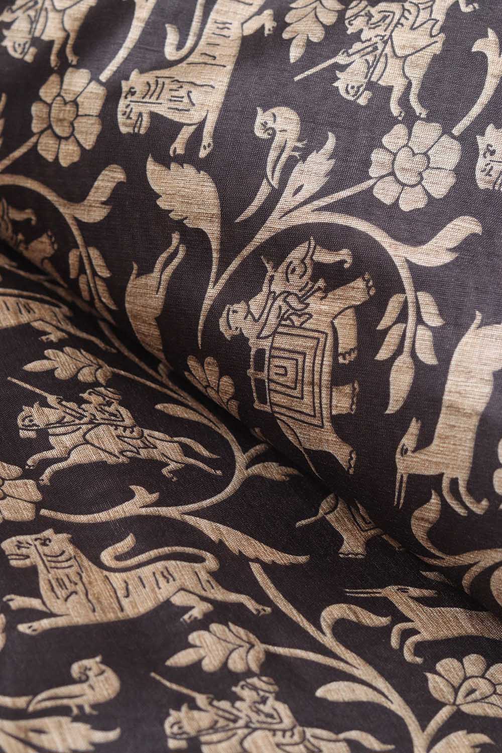 Black Shikargah Design Digital Printed Tussar Silk Fabric ( 1 Mtr ) - Luxurion World