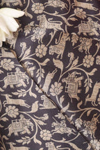 Black Shikargah Design Digital Printed Tussar Silk Fabric ( 1 Mtr ) - Luxurion World