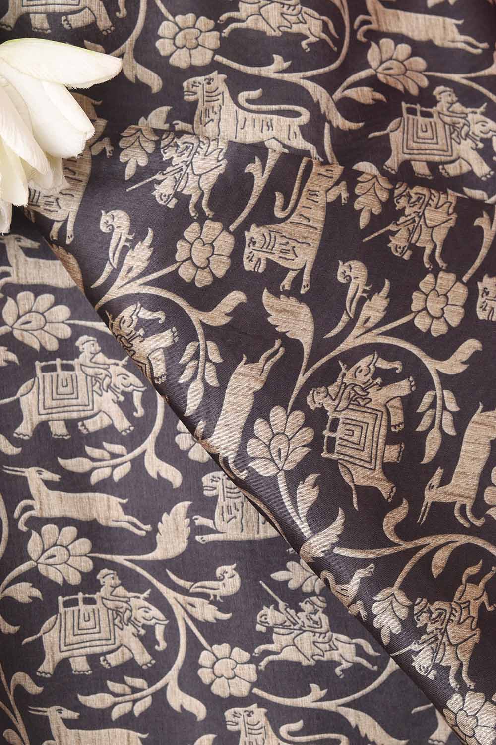 Black Shikargah Design Digital Printed Tussar Silk Fabric ( 1 Mtr ) - Luxurion World
