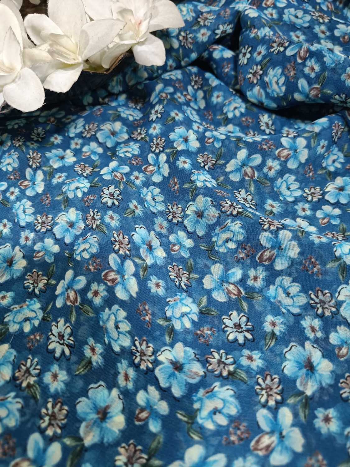 Blue Georgette Fabric with Digital Print ( 1 Mtr ) - Luxurion World