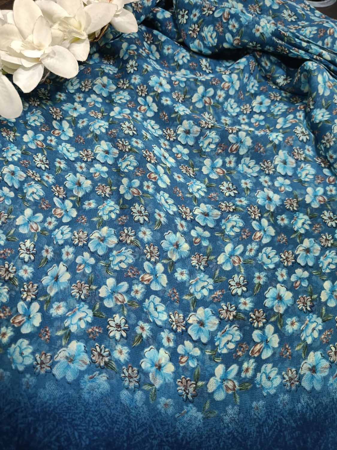 Blue Georgette Fabric with Digital Print ( 1 Mtr ) - Luxurion World