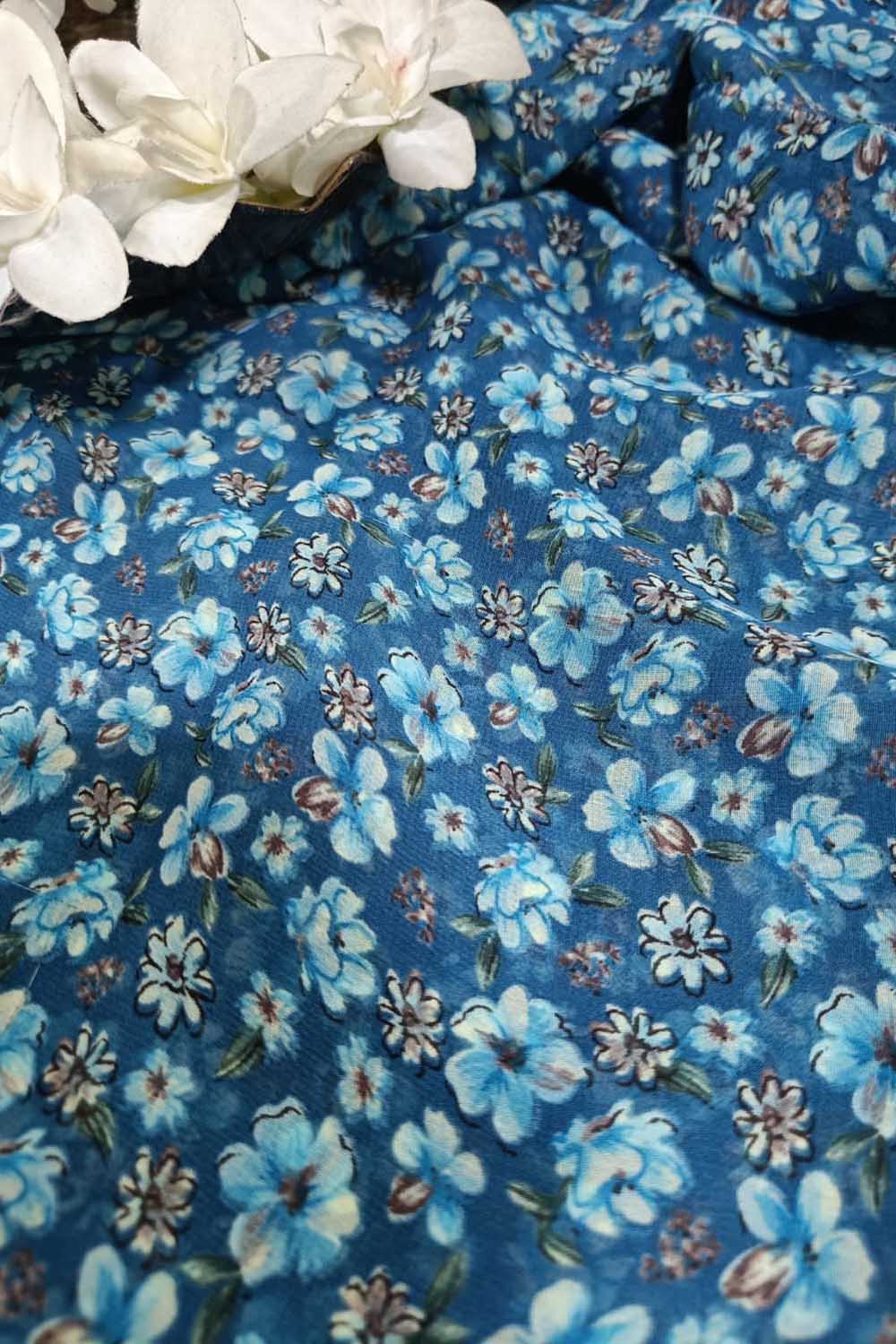 Blue Georgette Fabric with Digital Print ( 1 Mtr ) - Luxurion World