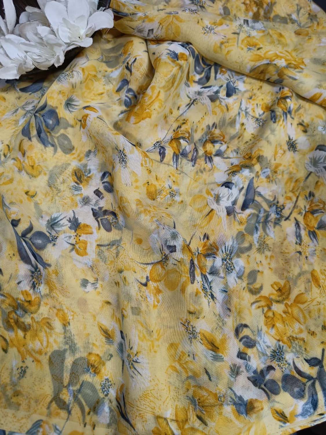 Yellow Georgette Fabric with Digital Print ( 1 Mtr ) - Luxurion World