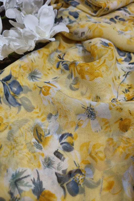 Yellow Georgette Fabric with Digital Print ( 1 Mtr ) - Luxurion World