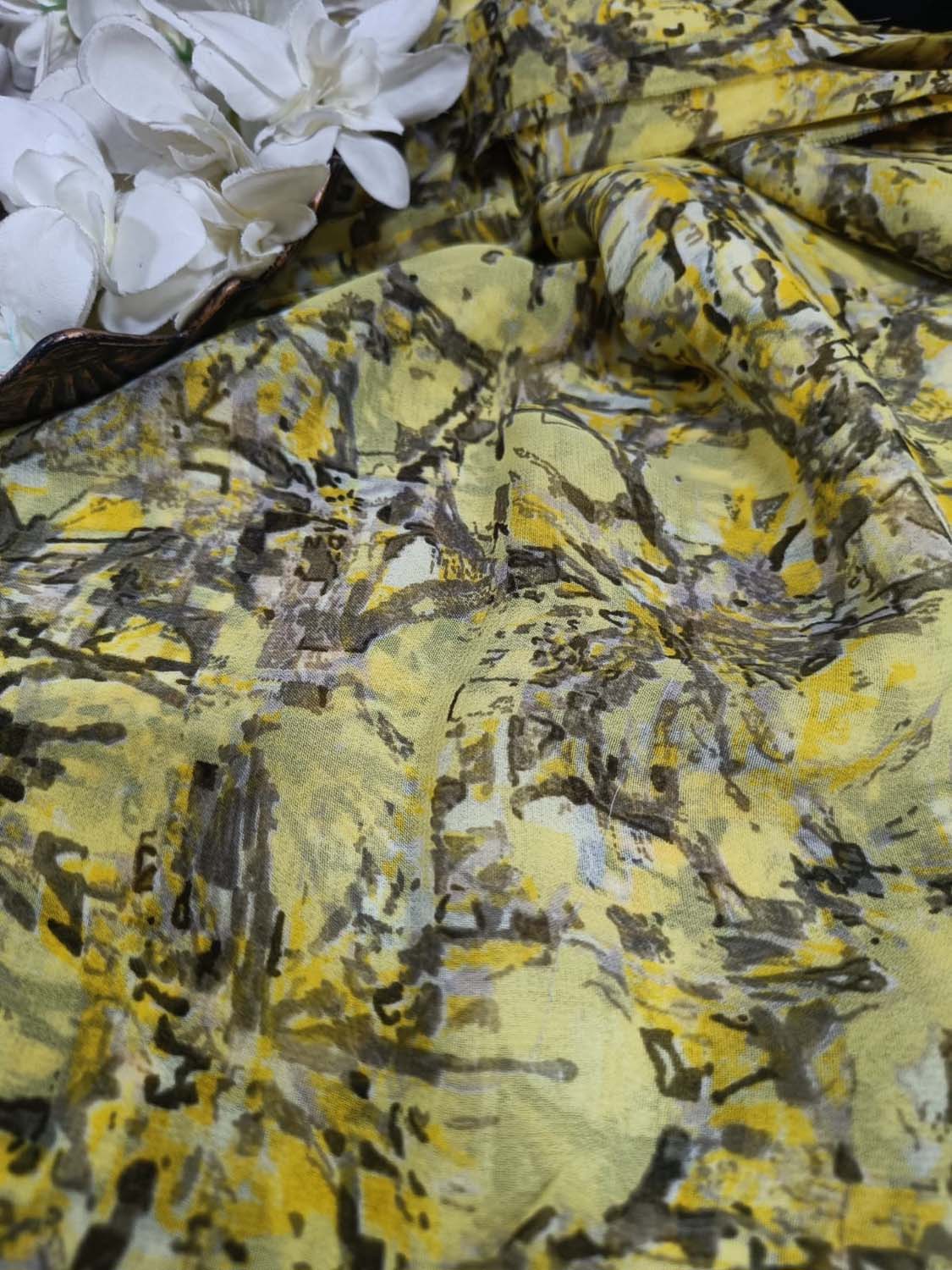 Yellow Georgette Fabric with Digital Print ( 1 Mtr ) - Luxurion World