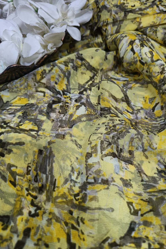 Yellow Georgette Fabric with Digital Print ( 1 Mtr ) - Luxurion World