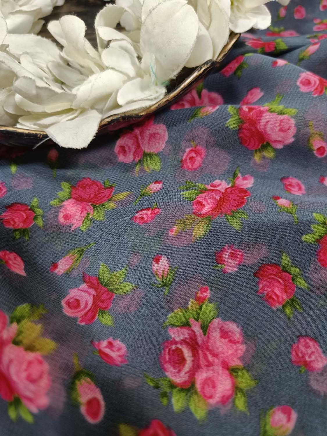 Elegant Grey Georgette Fabric with Digital Print ( 1 Mtr ) - Luxurion World