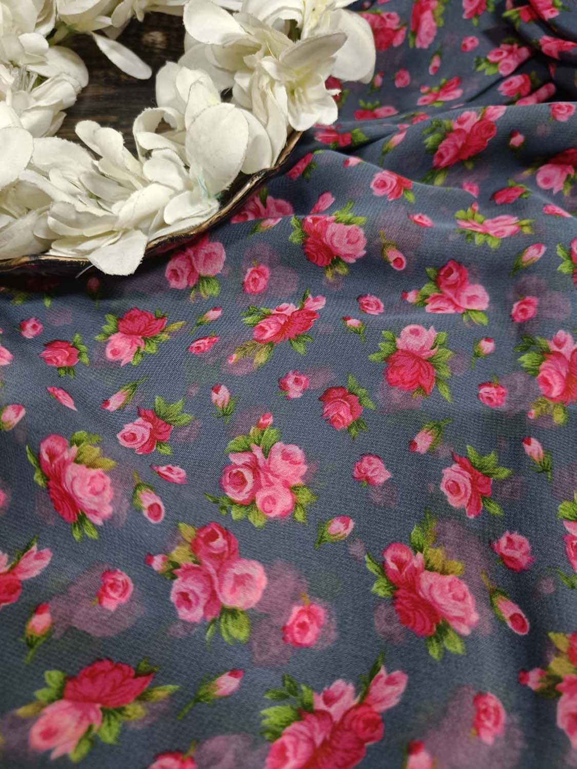 Elegant Grey Georgette Fabric with Digital Print ( 1 Mtr ) - Luxurion World