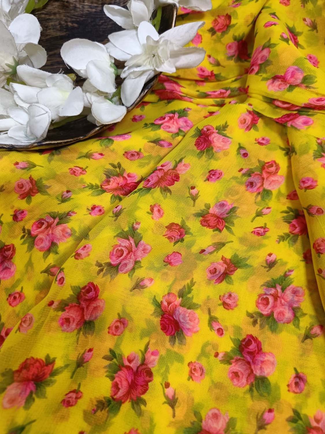 Yellow Georgette Fabric with Digital Print ( 1 Mtr ) - Luxurion World