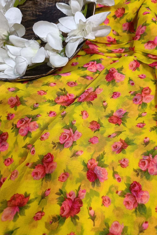 Yellow Georgette Fabric with Digital Print ( 1 Mtr ) - Luxurion World