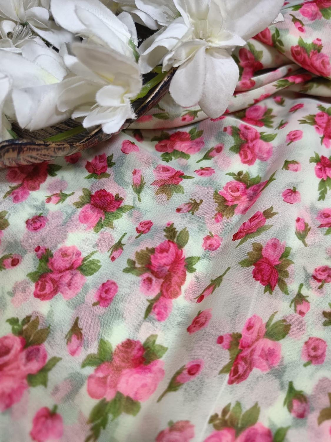 Off White Georgette Fabric with Digital Print ( 1 Mtr ) - Luxurion World