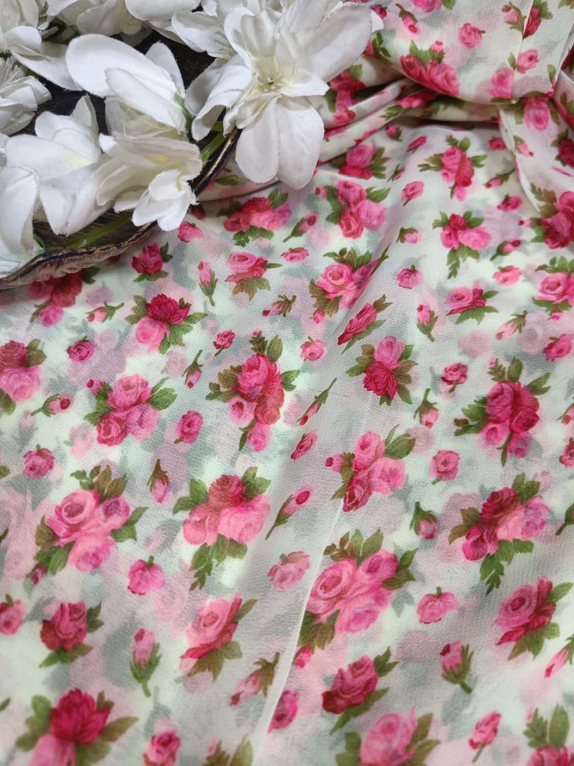Off White Georgette Fabric with Digital Print ( 1 Mtr ) - Luxurion World