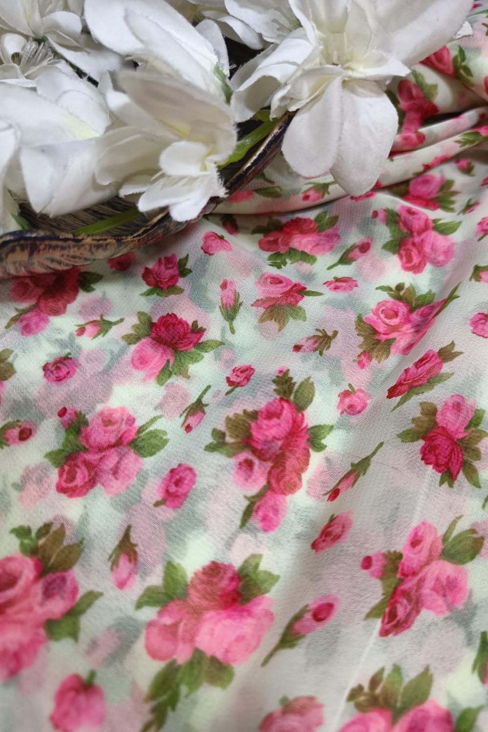 Off White Georgette Fabric with Digital Print ( 1 Mtr ) - Luxurion World