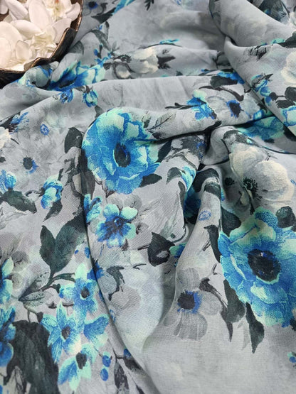 Elegant Grey Digital Printed Georgette Fabric ( 1 Mtr ) - Luxurion World