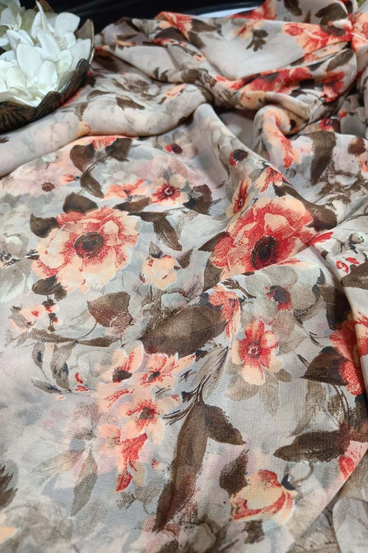 Elegant Grey Georgette Fabric with Digital Print ( 1 Mtr ) - Luxurion World