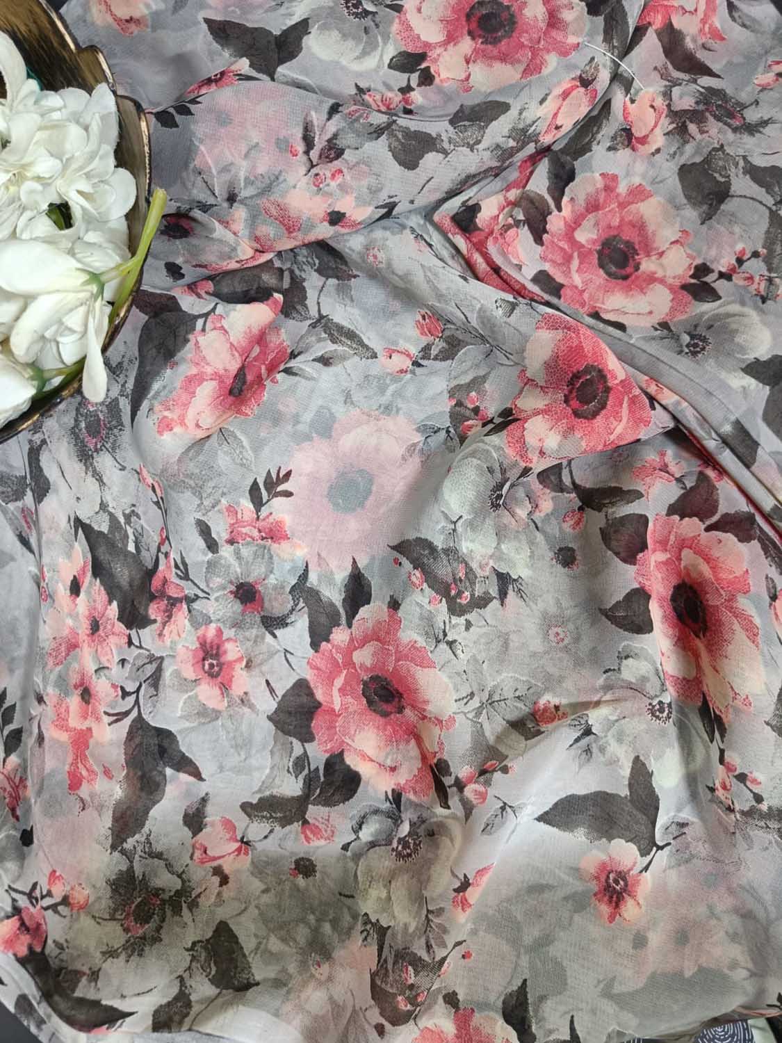 Elegant Grey Georgette Fabric with Digital Print ( 1 Mtr ) - Luxurion World
