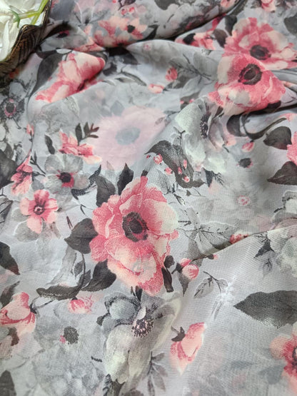 Elegant Grey Georgette Fabric with Digital Print ( 1 Mtr ) - Luxurion World