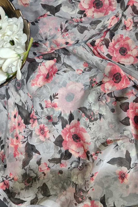 Elegant Grey Georgette Fabric with Digital Print