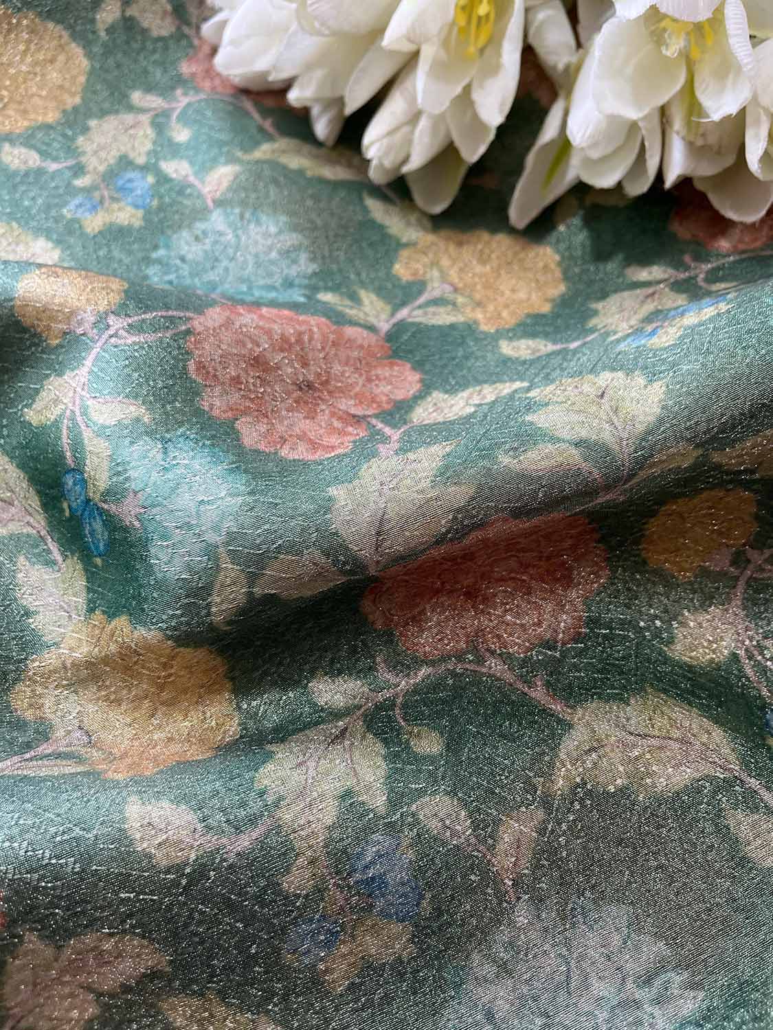 Green Digital Printed Tissue Organza Fabric ( 1 Mtr ) - Luxurion World