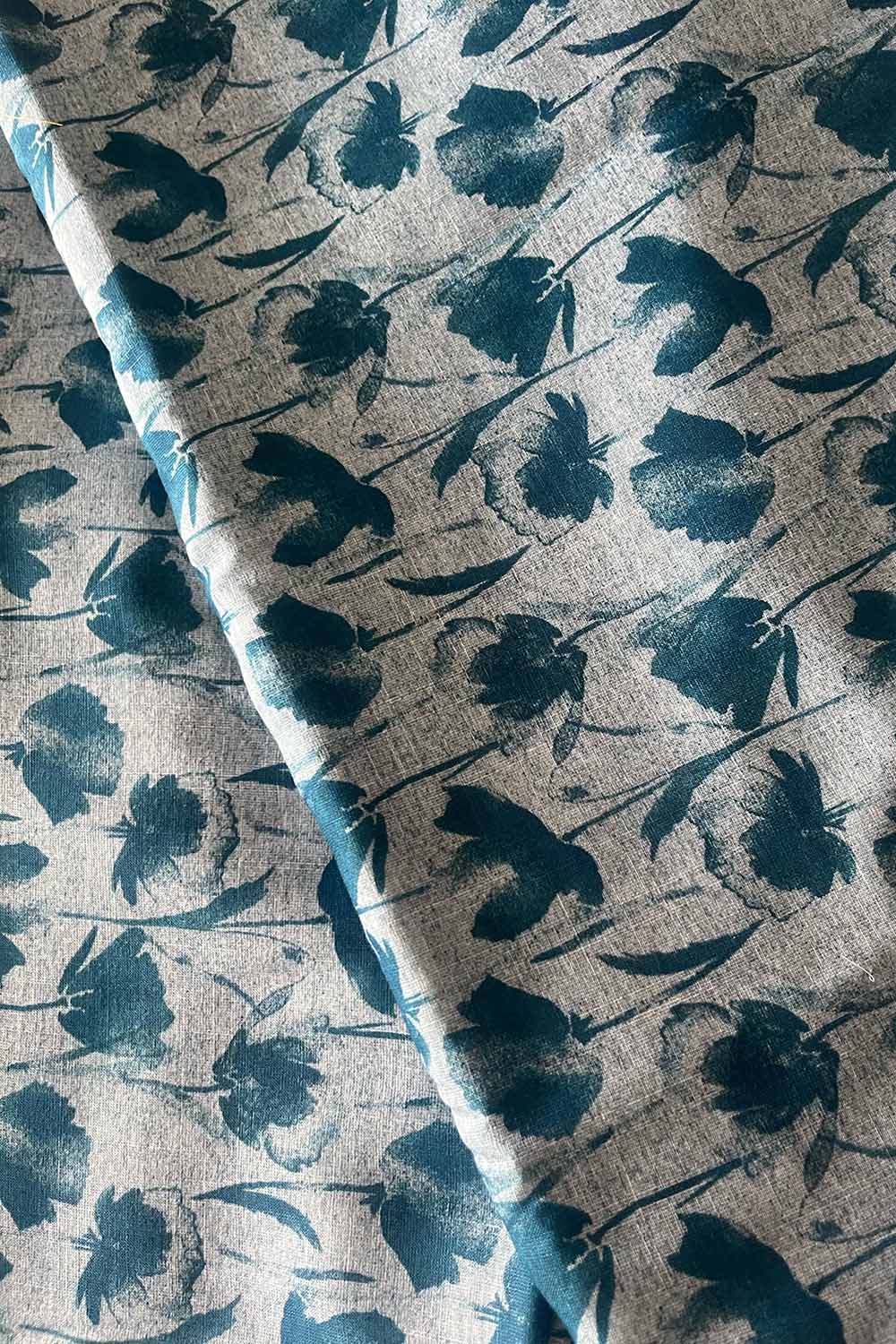 Blue Digital Printed Wrinkle Free Linen Cotton Fabric ( 1 Mtr ) - Luxurion World